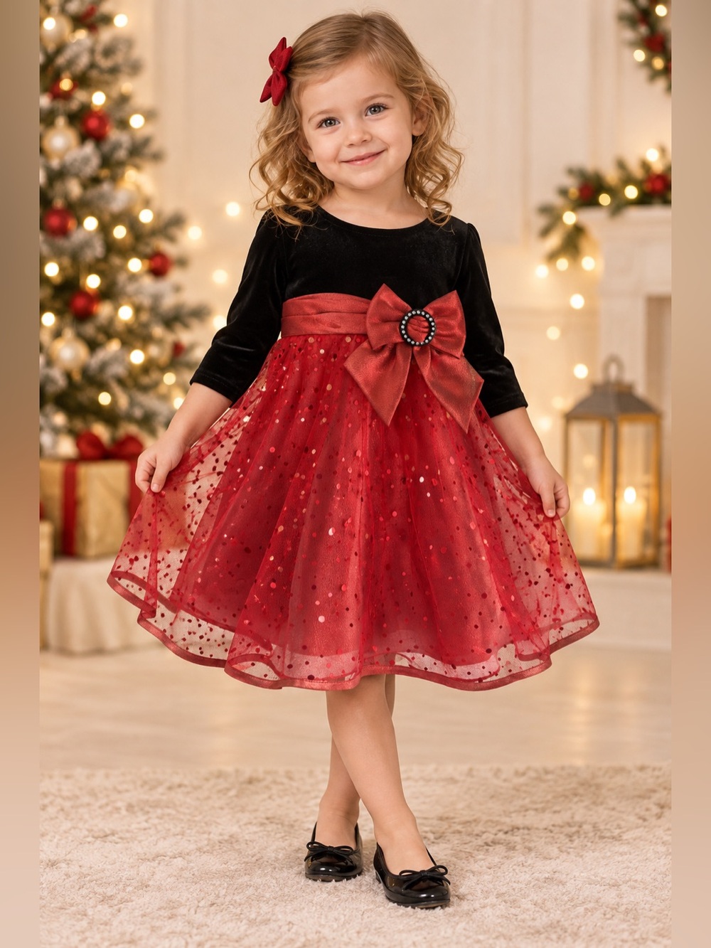 Bonnie Jean Girls 3T Red Black Holiday Party Dress Bow Sparkle